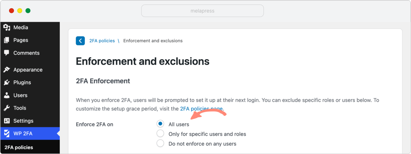 screenshot of how to enforce all users to use 2FA in WP 2FA