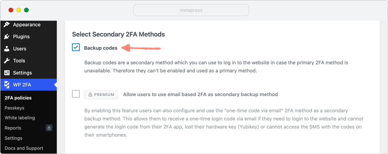 setting backup codes as secondary 2fa option