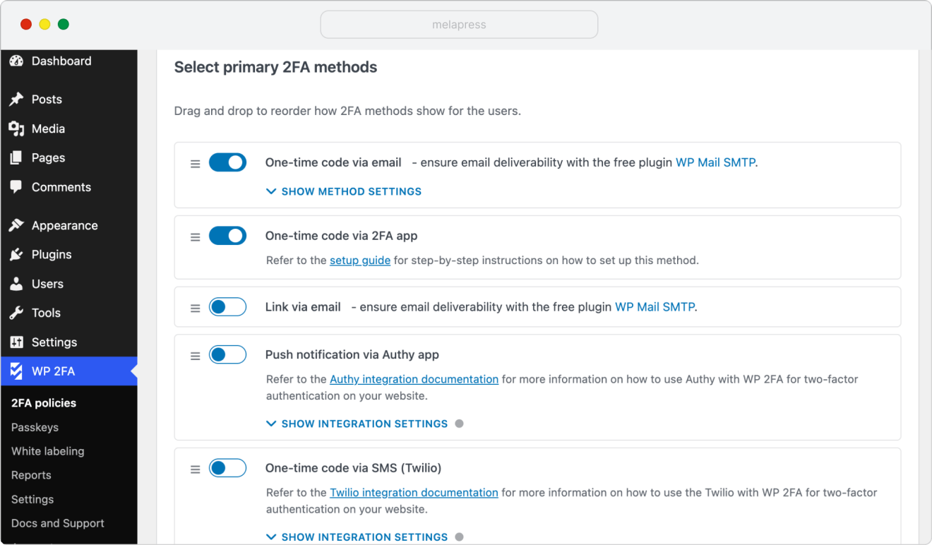 WP 2FA available 2FA methods for WordPress