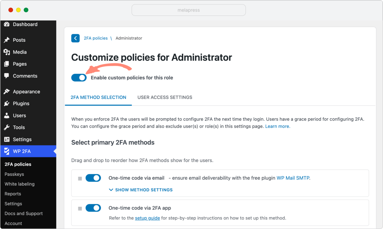 customize custom 2fa policies for administrator