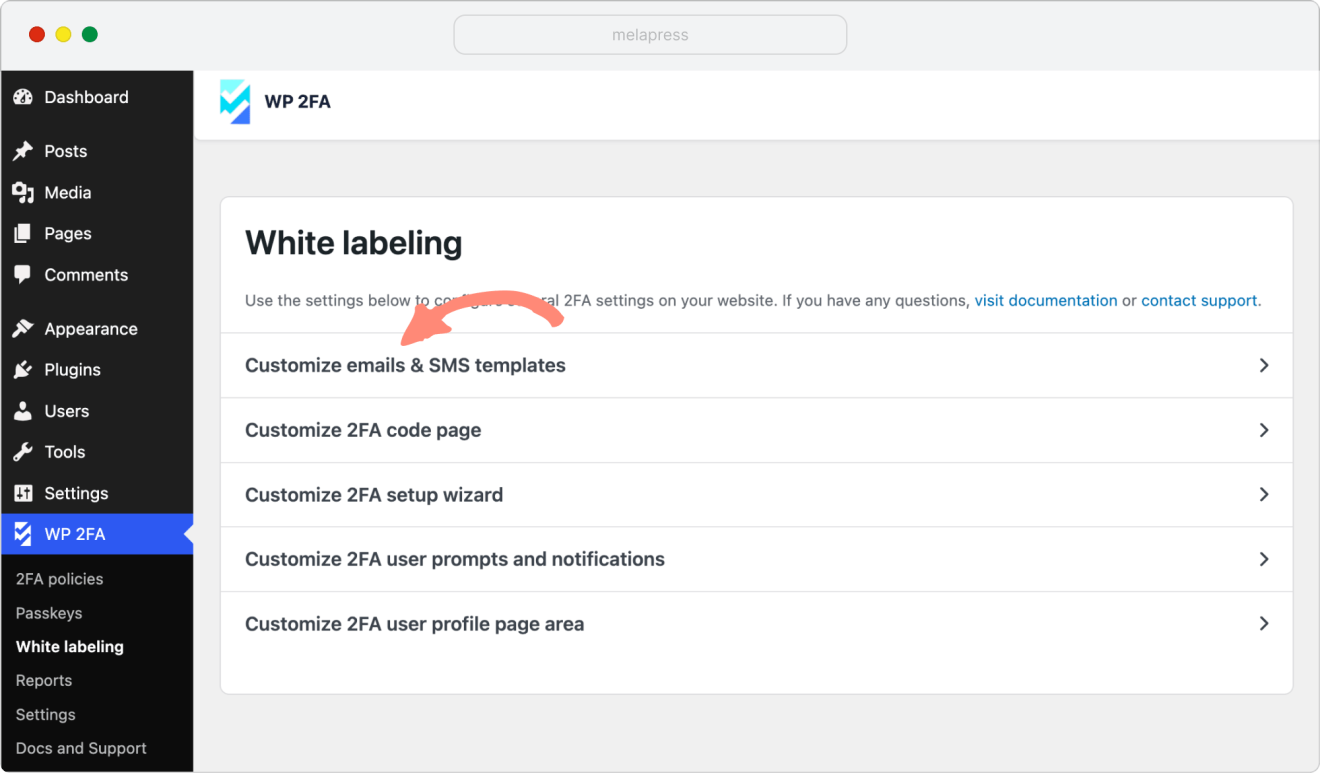 customize email and sms templates tab in WP 2FA plugin white labeling option