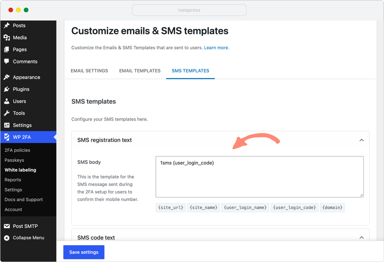 customizing sms registration text in WP 2FA plugin