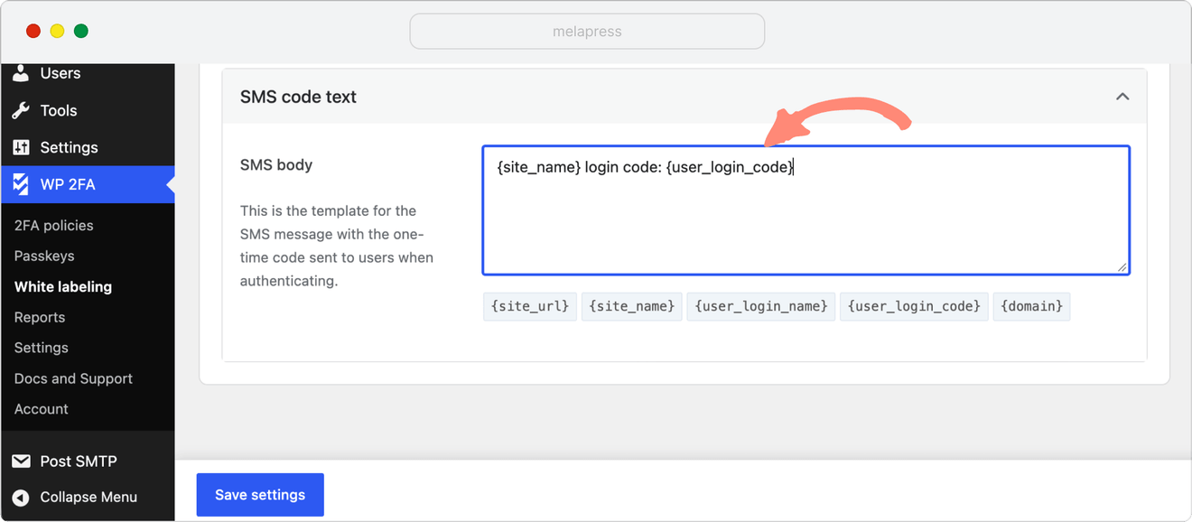 example of sms body template in WP 2FA plugin