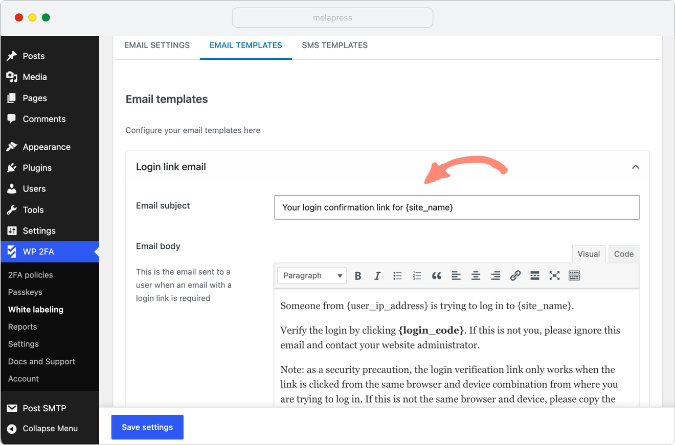 editing login link email template in WP 2FA plugin