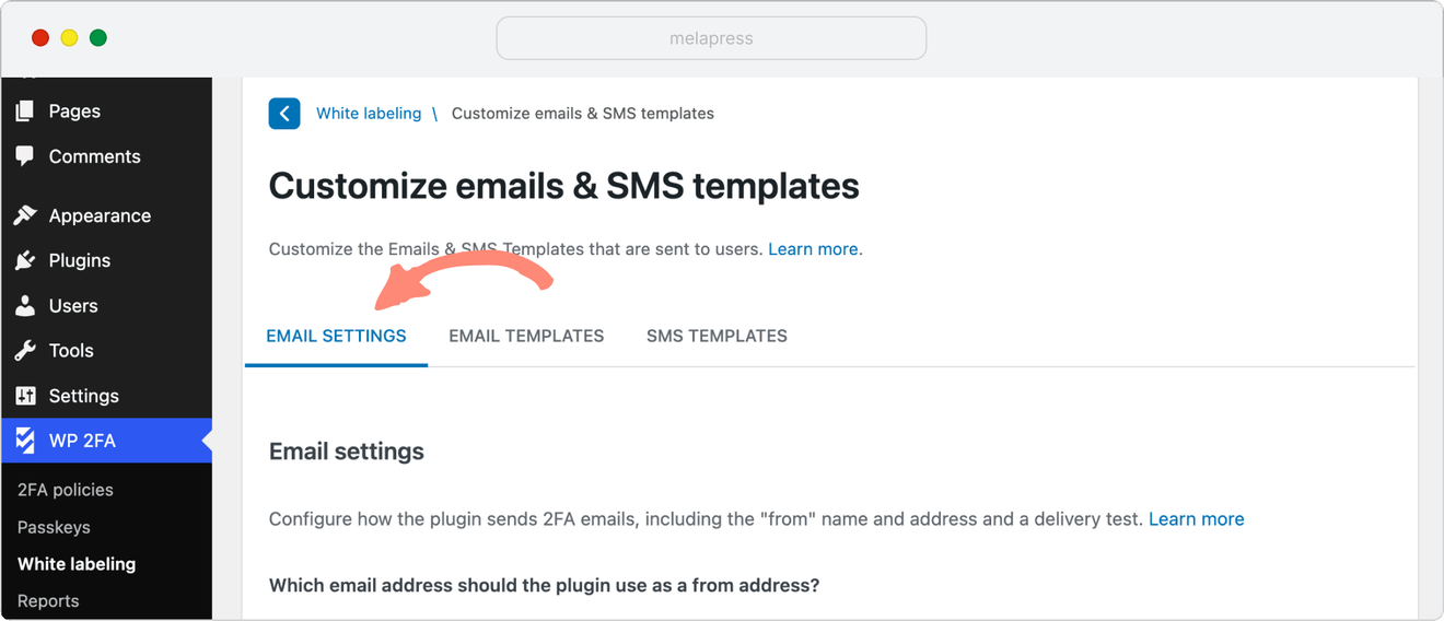 email settings in wp 2fa plugin