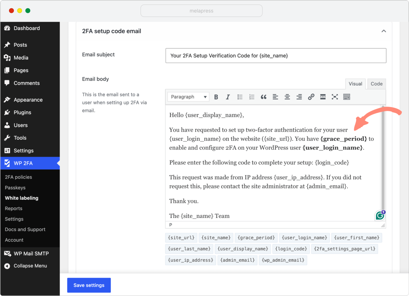 editing 2fa setup code email in WP 2FA plugin