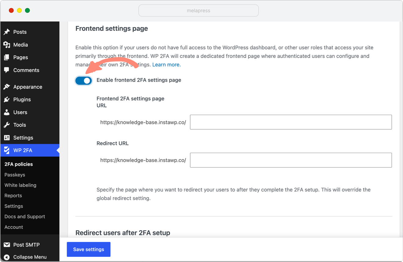 frontend settings page creation in WP 2FA plugin