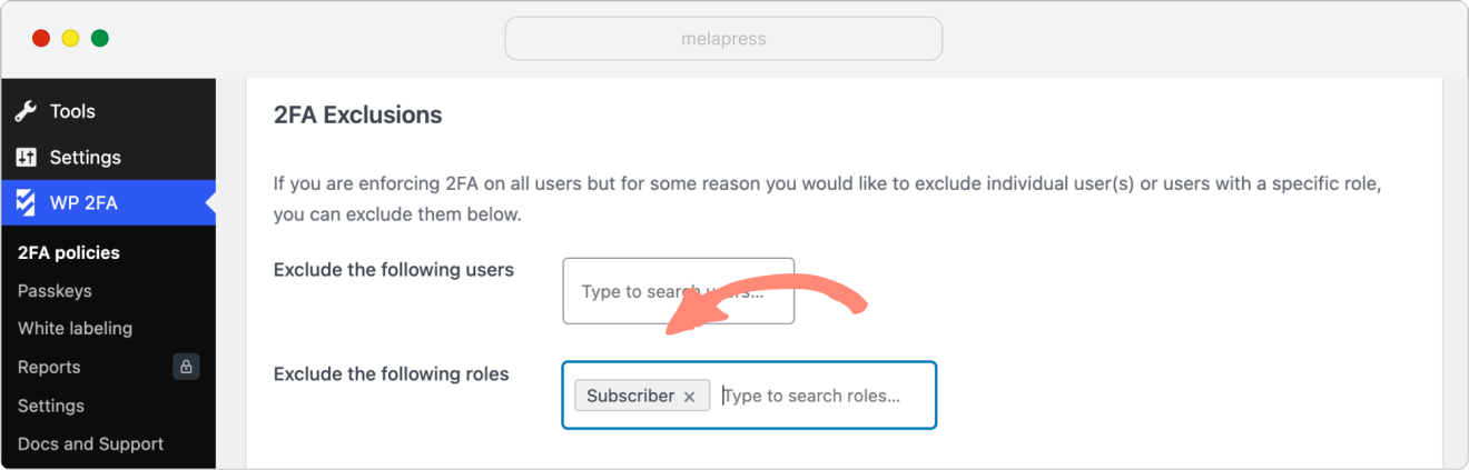 excluding users or roles from using 2FA 
