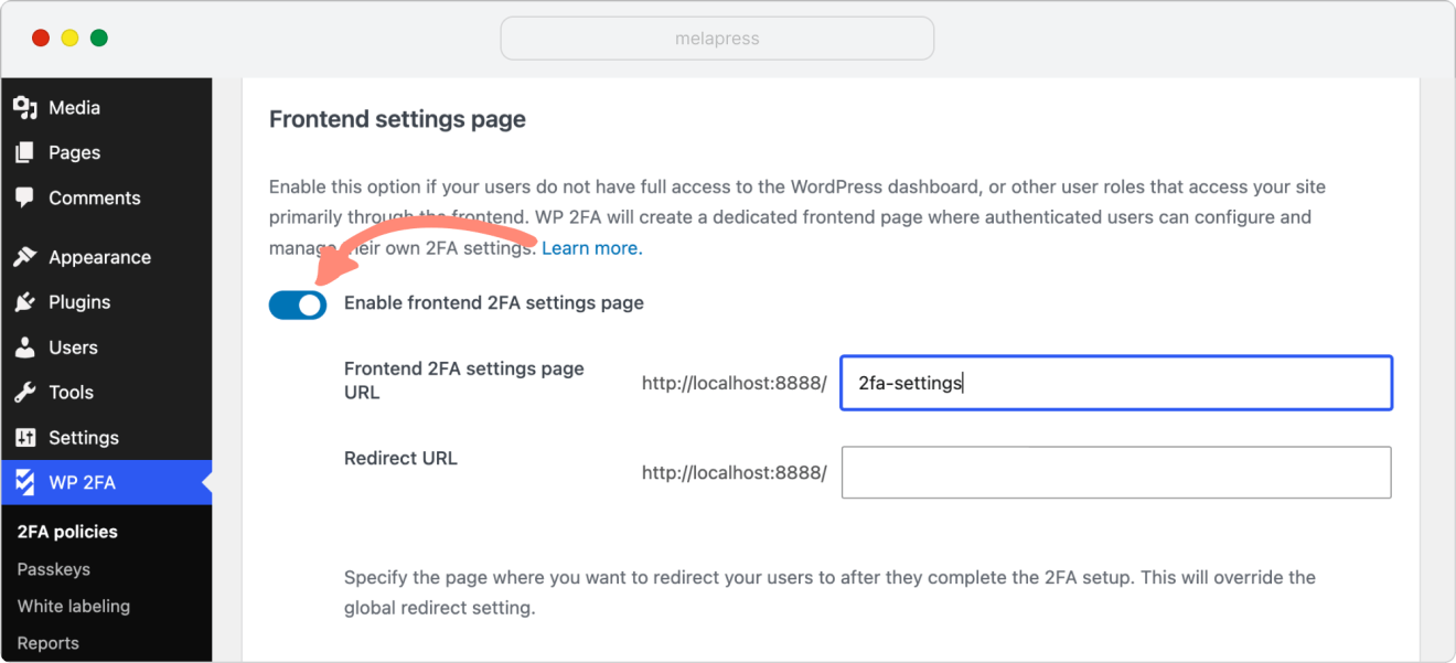frontend settings page creation in WP 2FA plugin