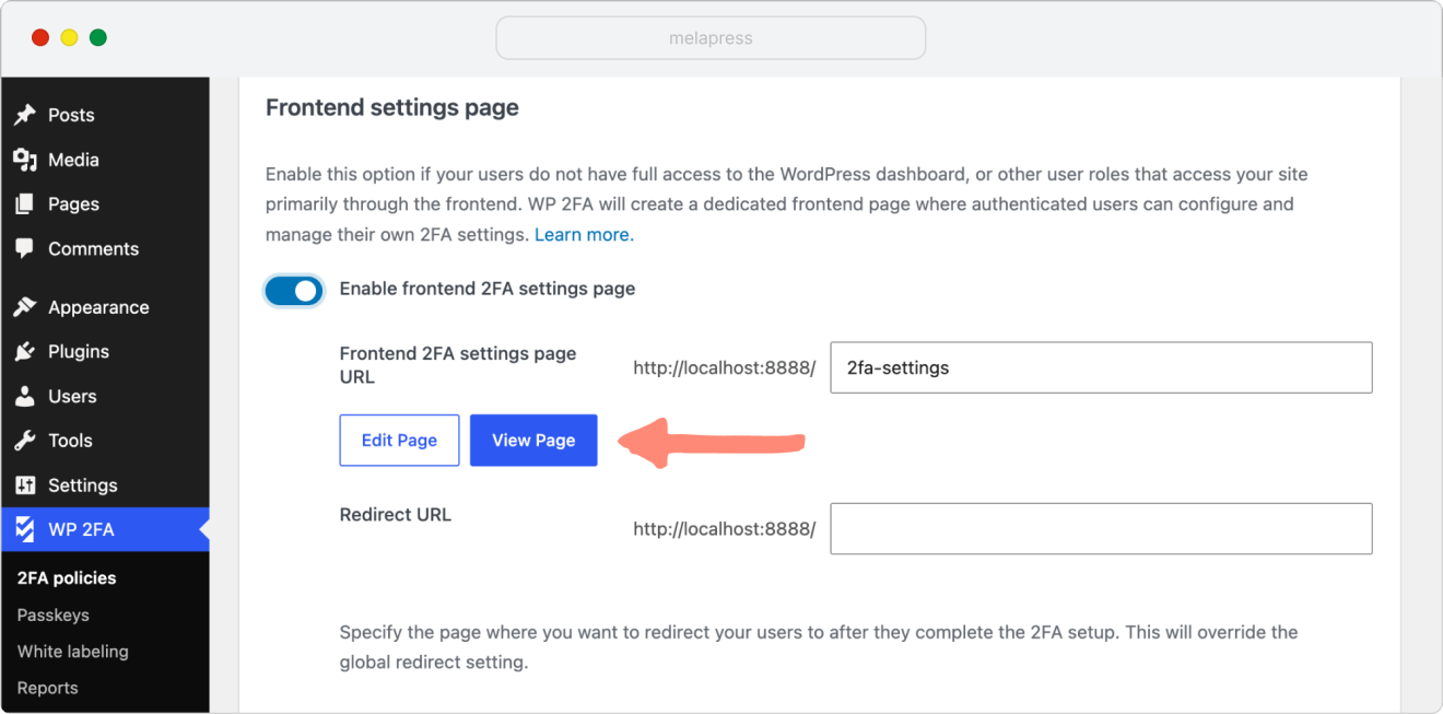 view and edit buttons on frontend settings page tab