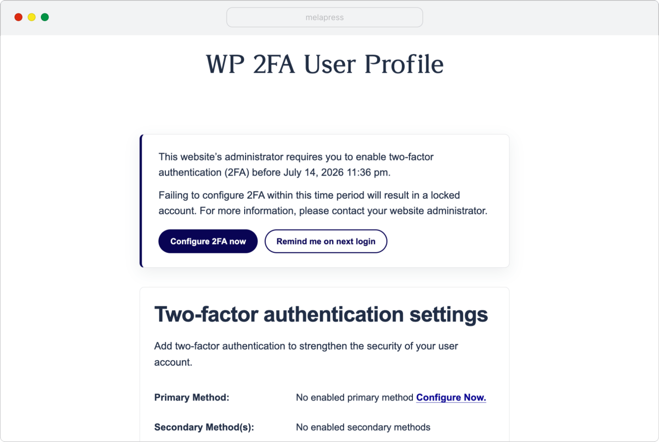 WP 2FA user profile frontend page example