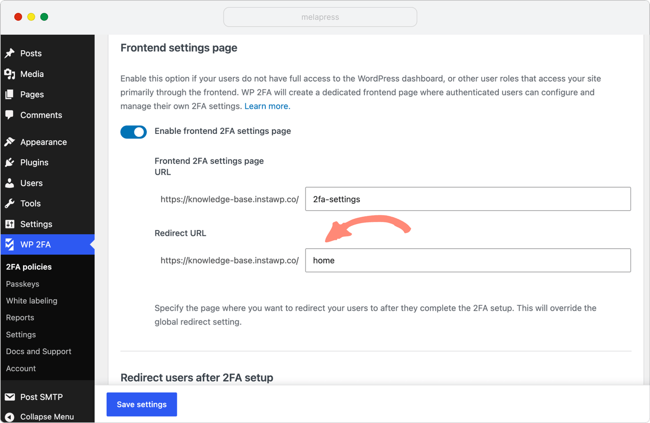redirect users after 2fa setup option in WP 2FA