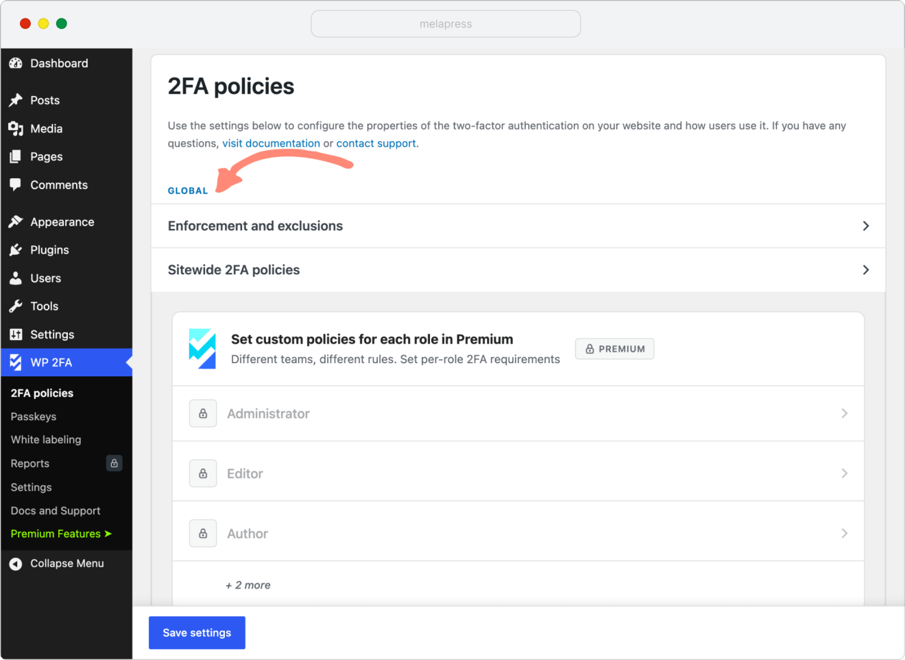 global settings of WP 2FA plugin