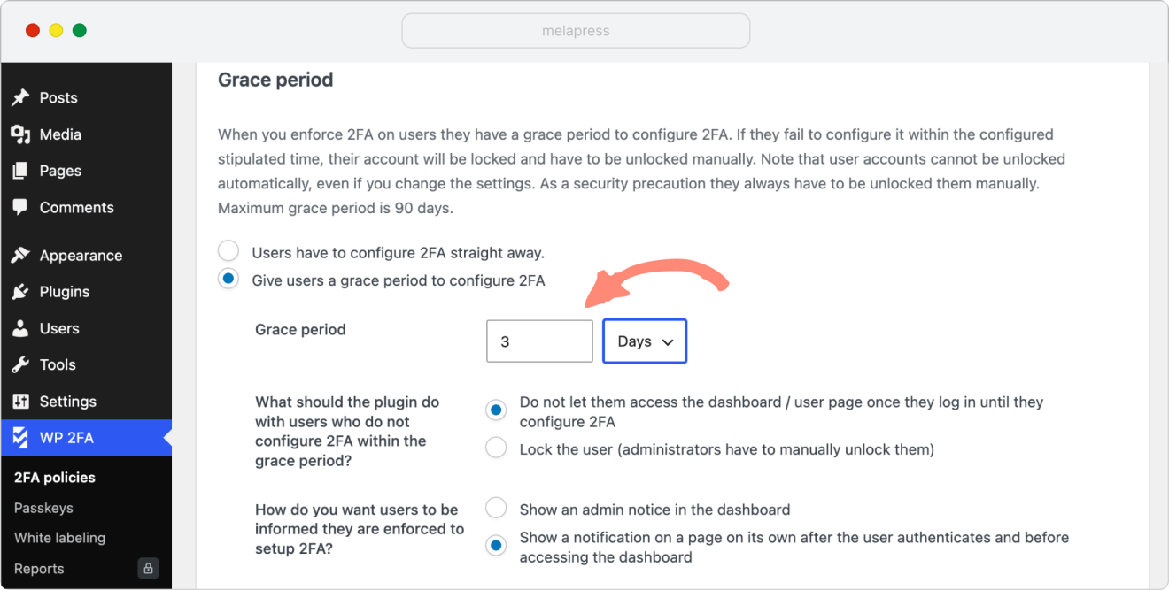 configure grace period for users to setup 2FA