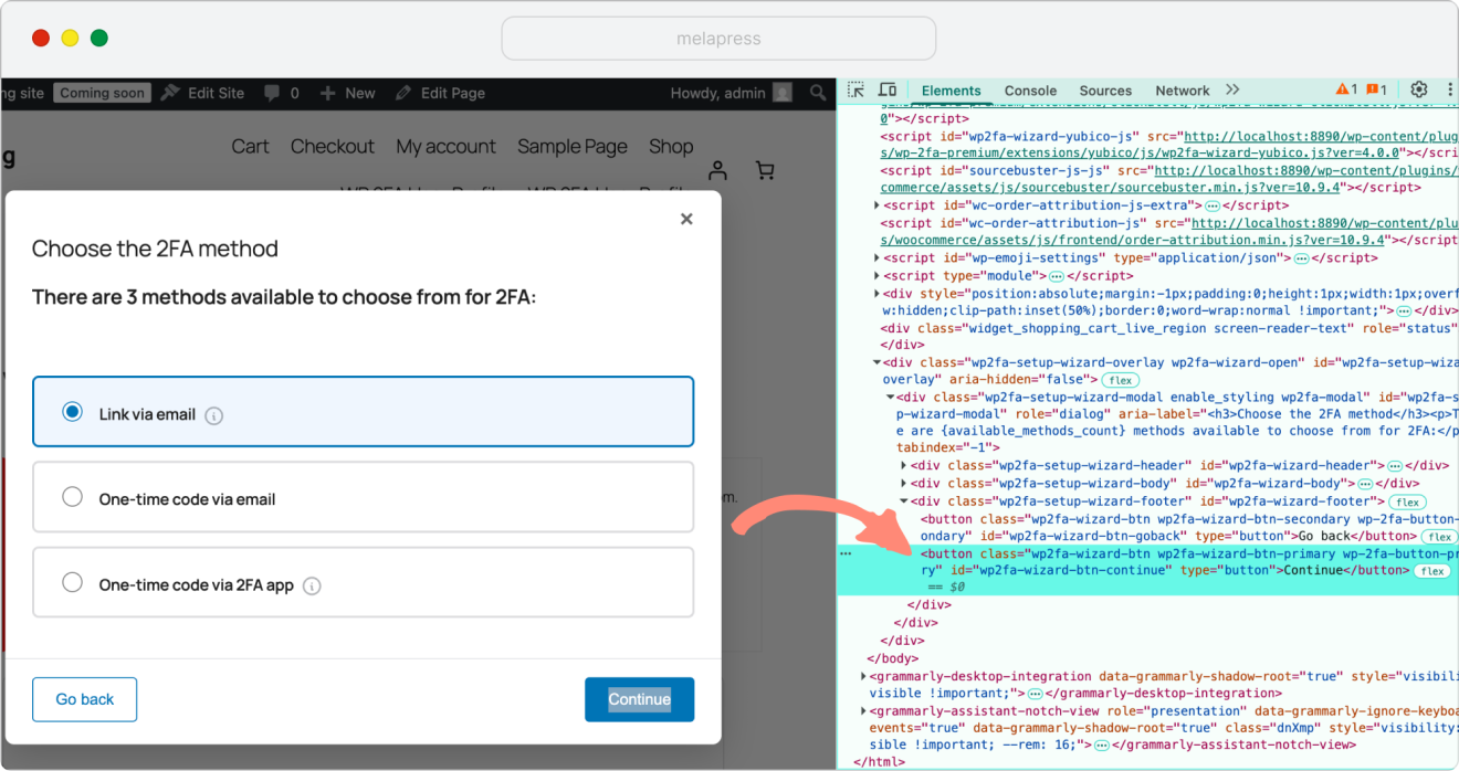 example of WP 2FA button code in the wizard