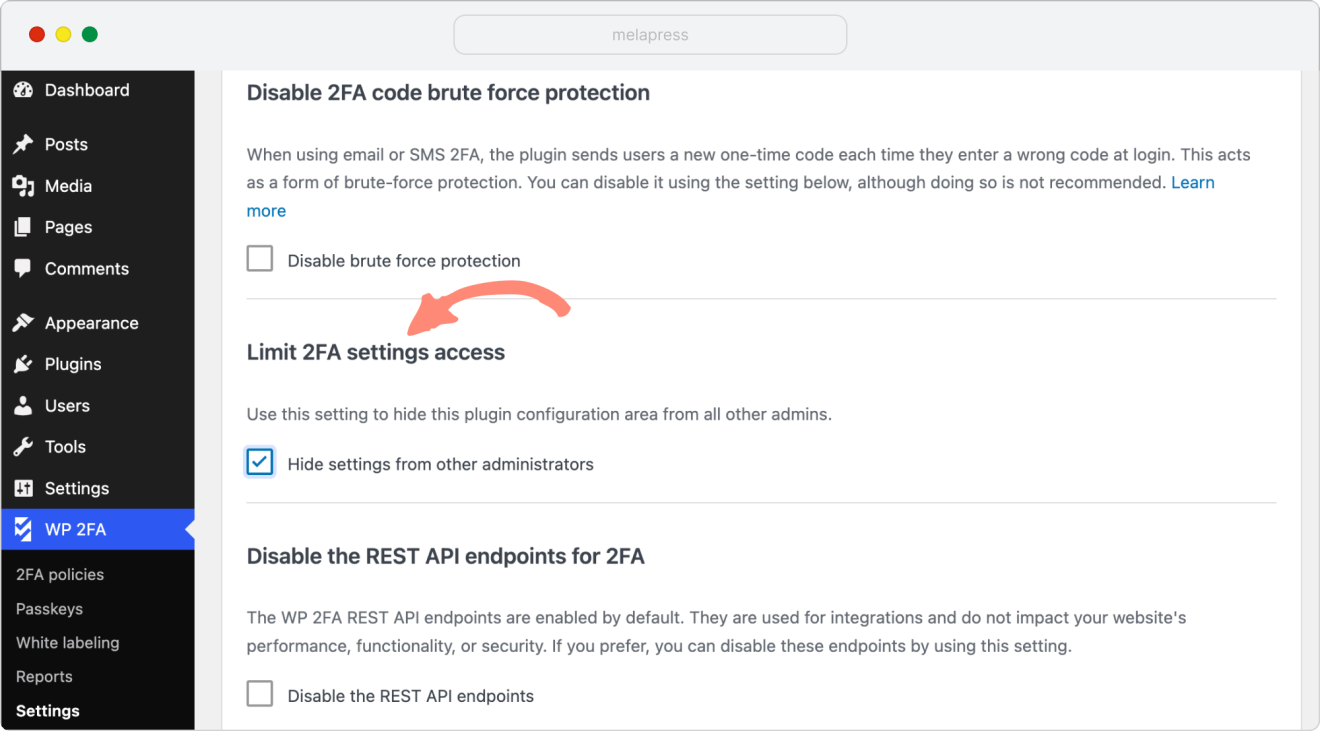 limit 2fa settings access from other administrators in WP 2FA plugin settings