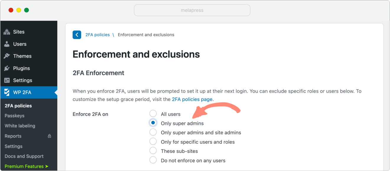 enforce 2fa only super admins on multisite network