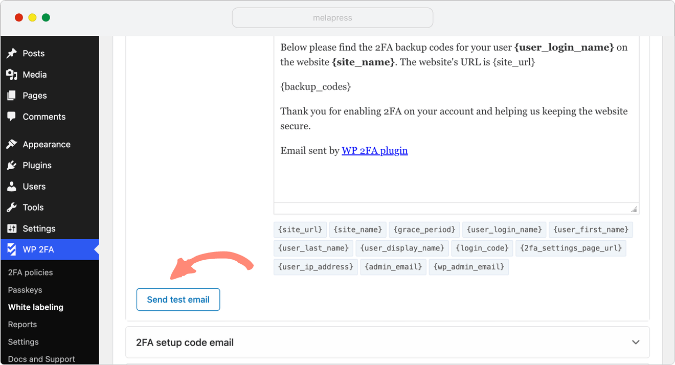 send test email in WP 2FA email template settings