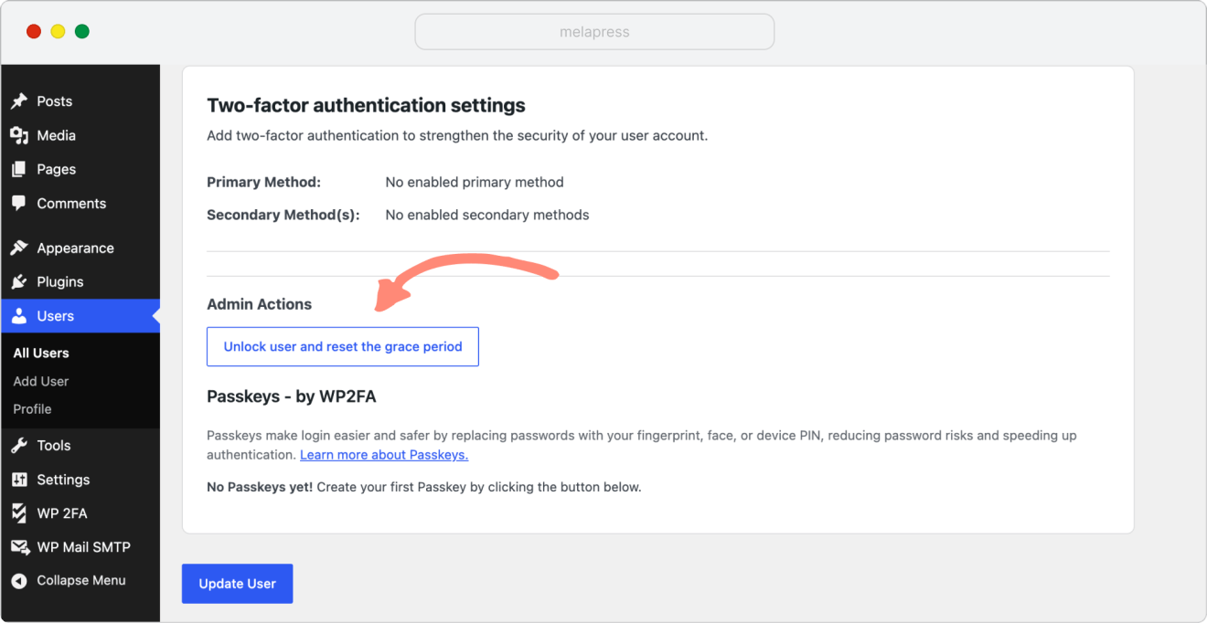 A screenshot showing the Unlock user and reset the grace period option in user's profile page