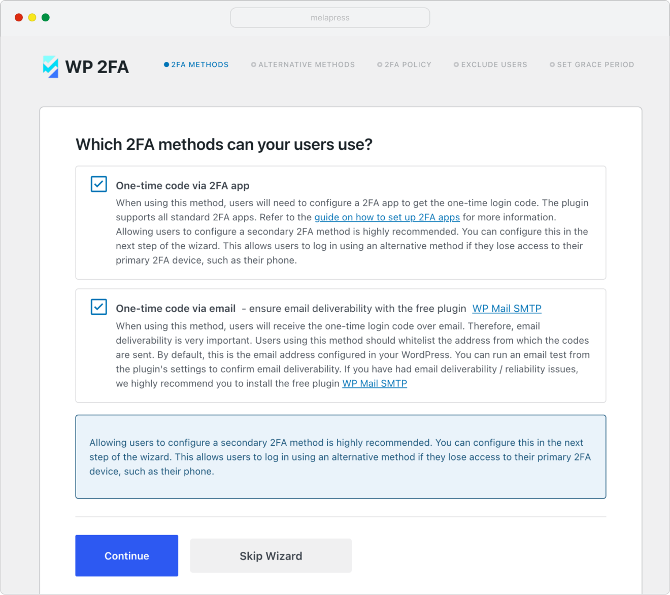 A screenshot of the WP 2FA configuration wizard 2FA methods