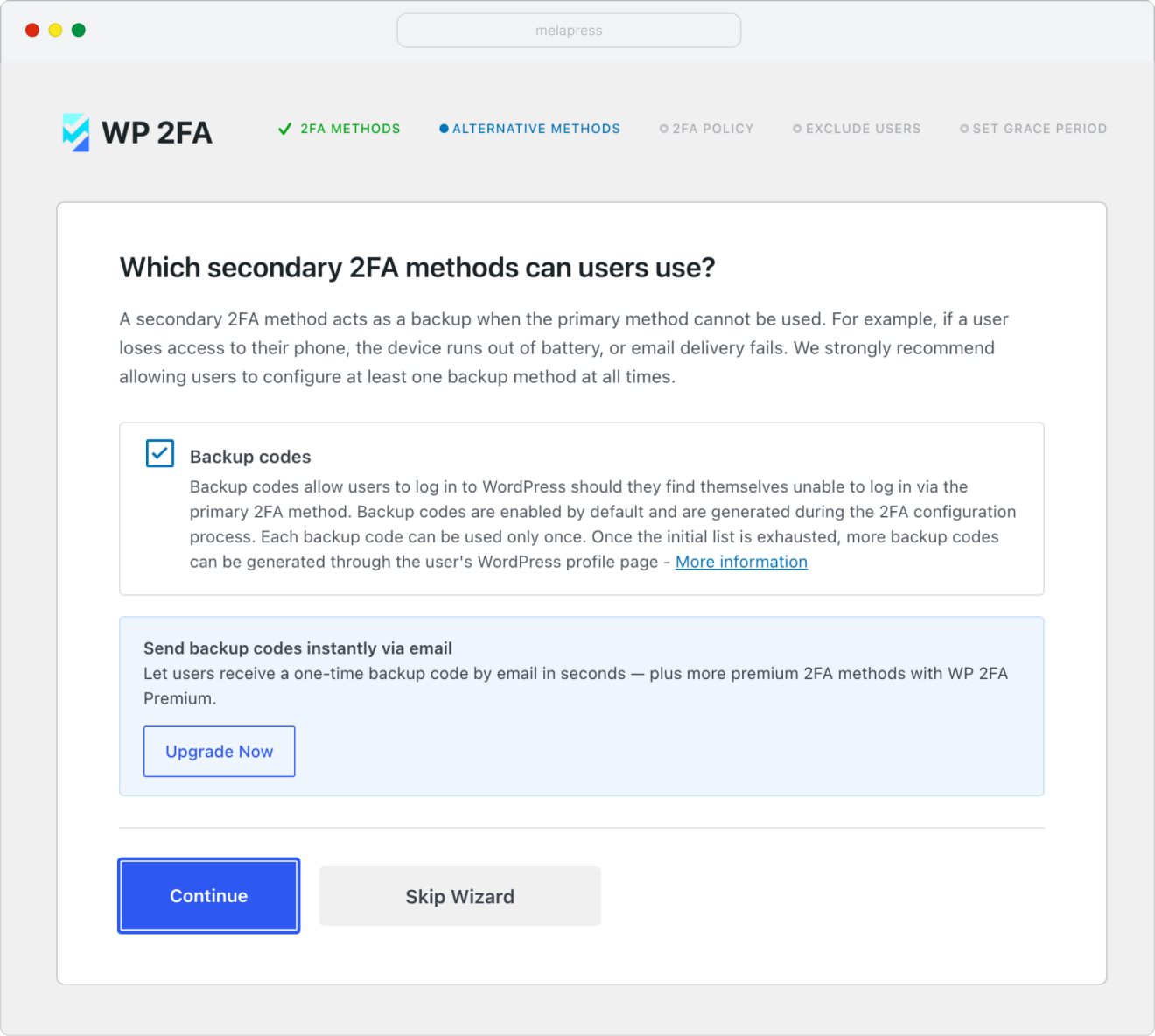 WP 2FA choosing the secondary 2FA methods