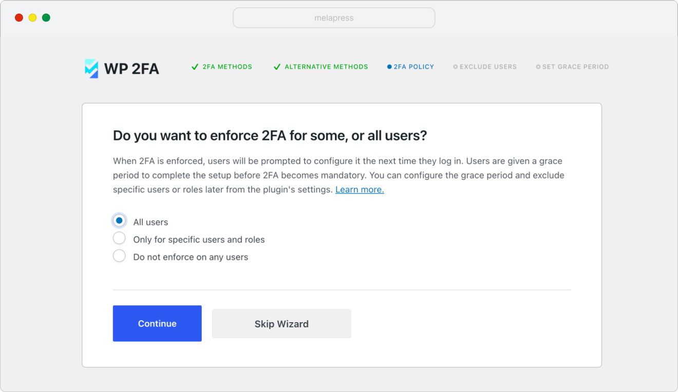 WP 2FA wizard screen where you can choose enforcing 2FA for some or all users