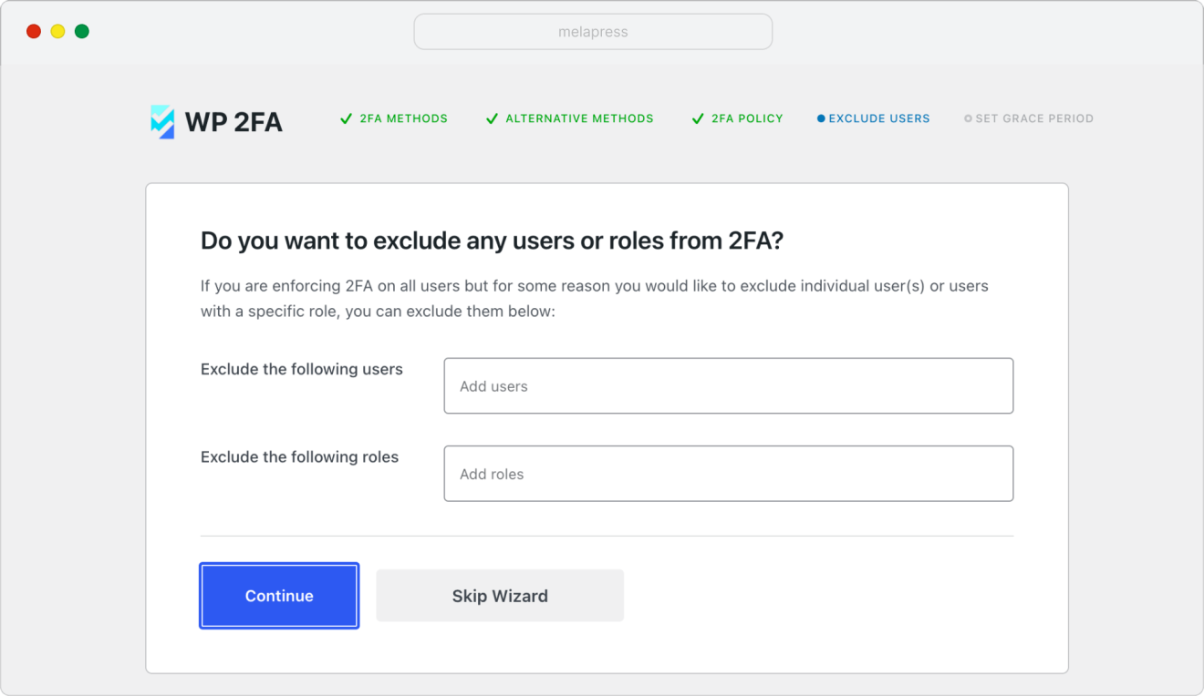 WP 2FA eclude any users or roles from 2FA configuration