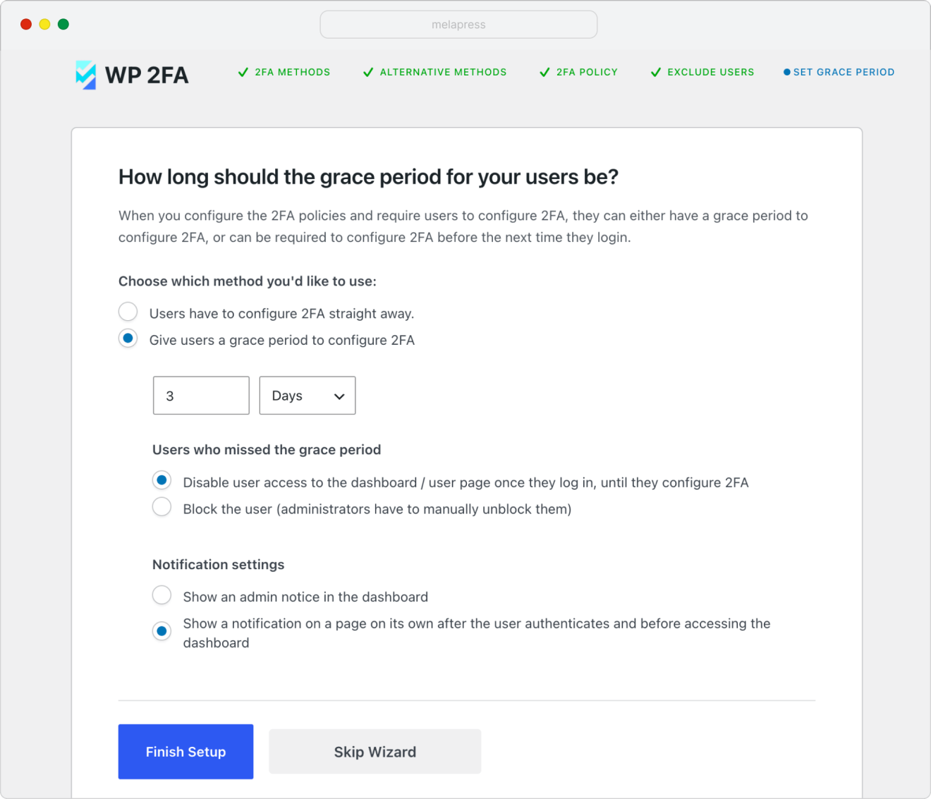 WP 2FA wizard choosing grace period for users