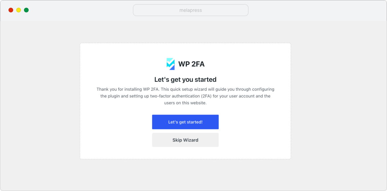 The WP 2FA configuration wizard getting started window