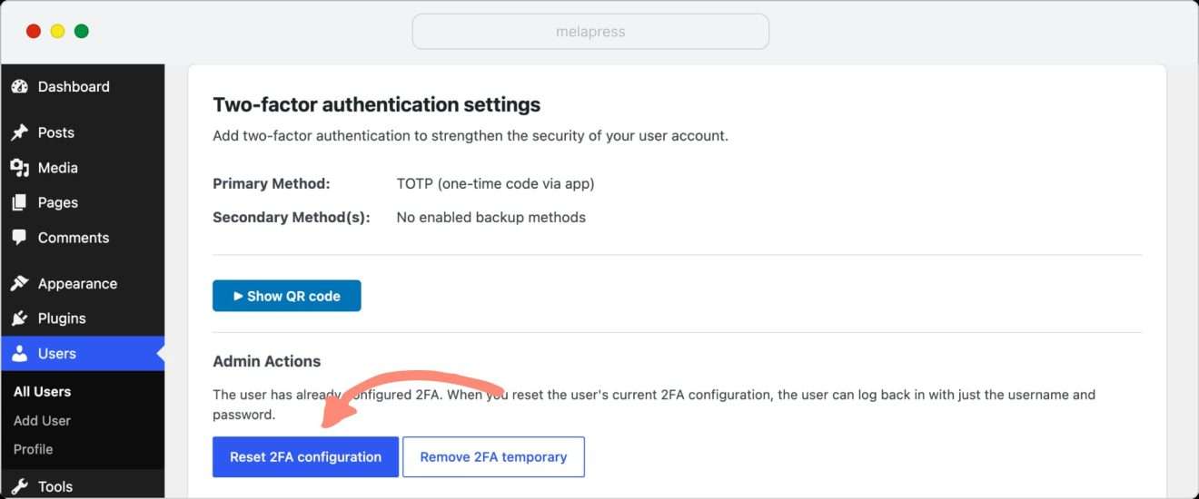 reset 2fa configuration in user account 