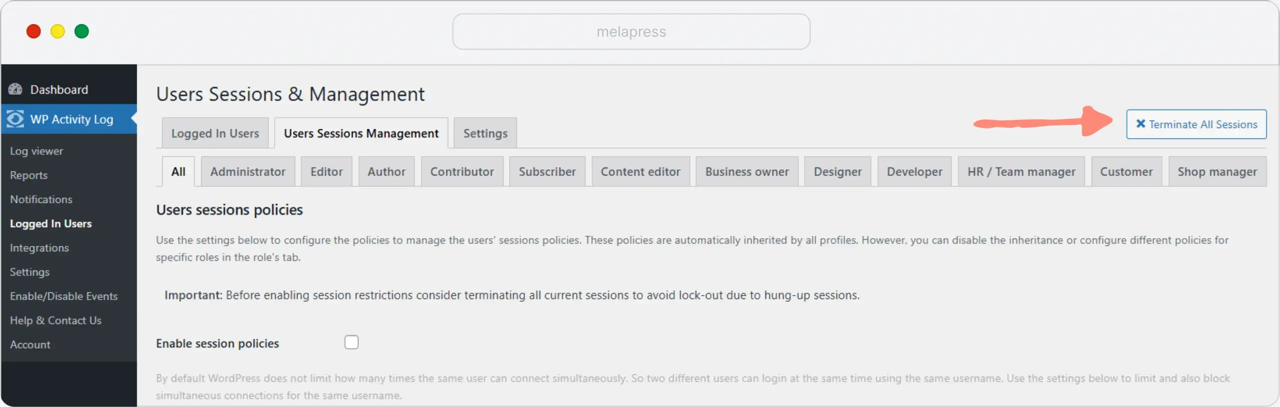 Screenshot highlighting the Terminal All Sessions button