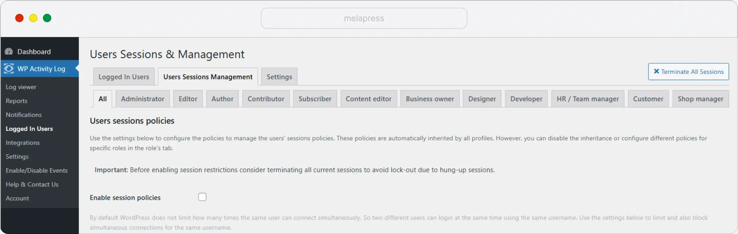 Screenshot of WordPress user management policies options
