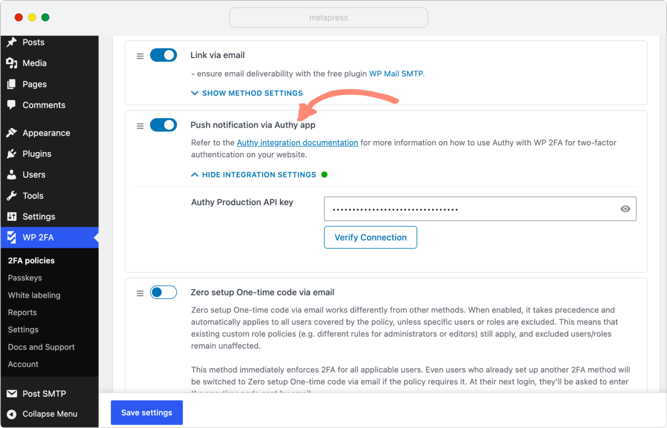 setting up Authy integration in WP 2FA plugin