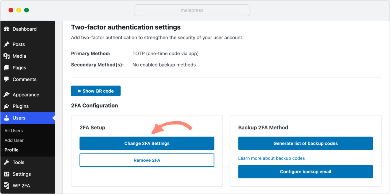 wp 2fa change 2fa settings from user profile page