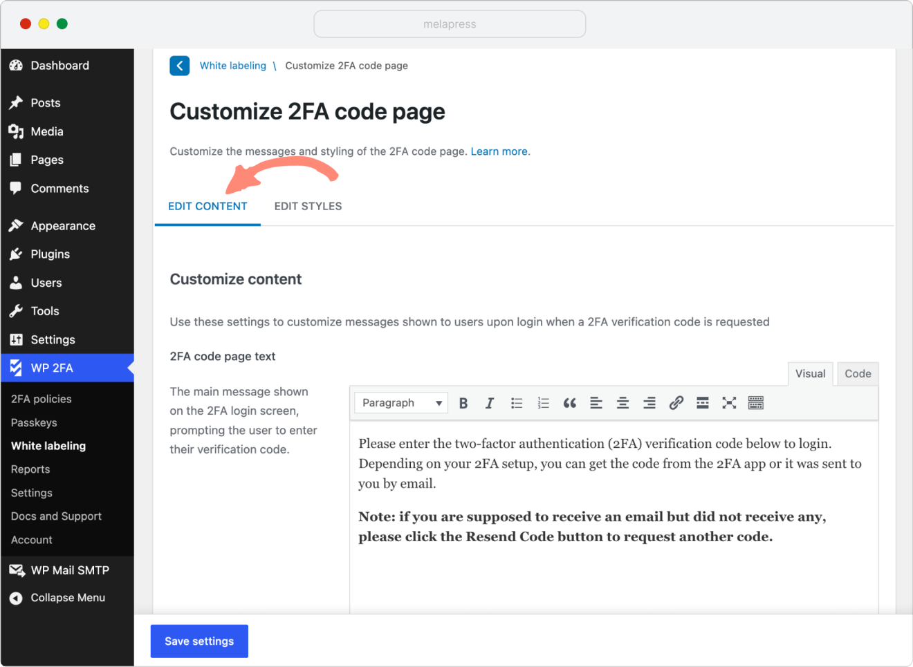 wp 2fa customize 2fa code page