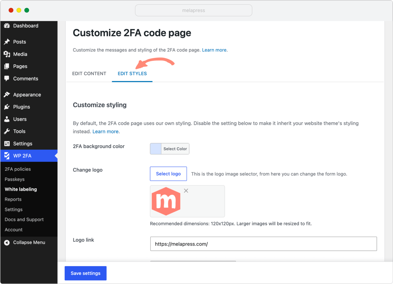 wp 2fa customize styles of 2fa code page