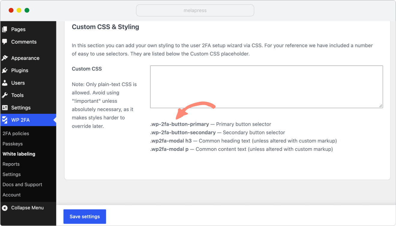 wp 2fa customize 2fa setup wizard custom css