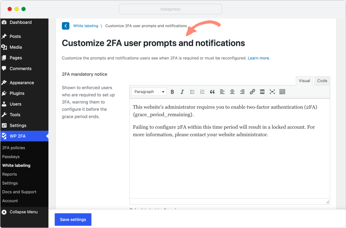 wp2fa customize 2fa prompts and notifications tab