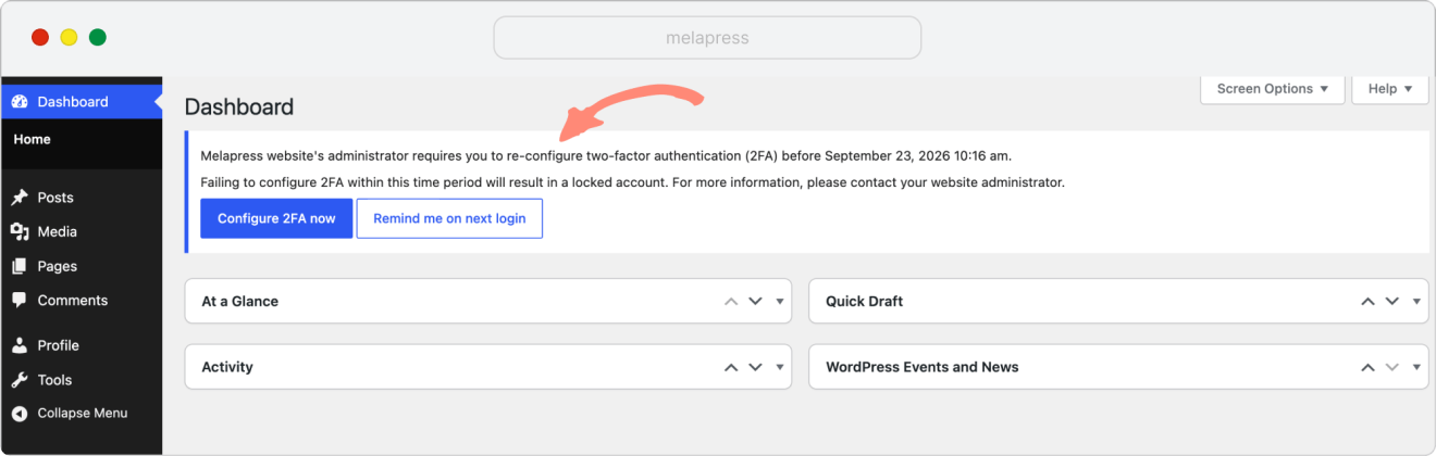 wp 2fa customized 2fa reconfiguration notice example