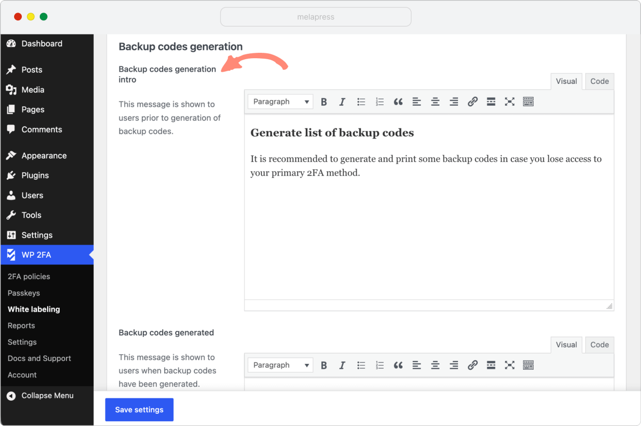wp 2fa customize backup codes generation message