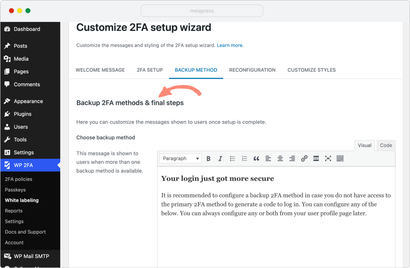 wp 2fa customize 2fa setup backup method