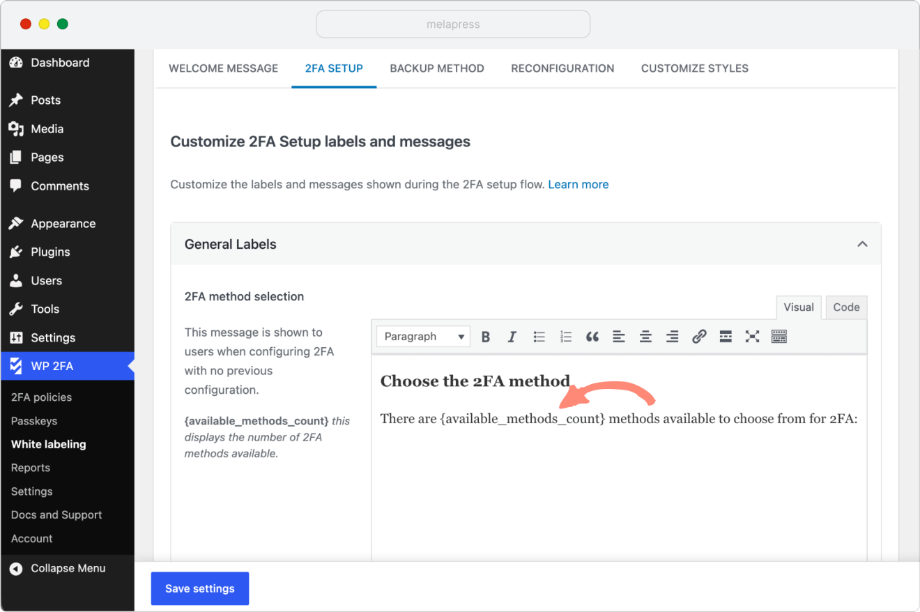 wp 2fa customize 2fa setup labels 