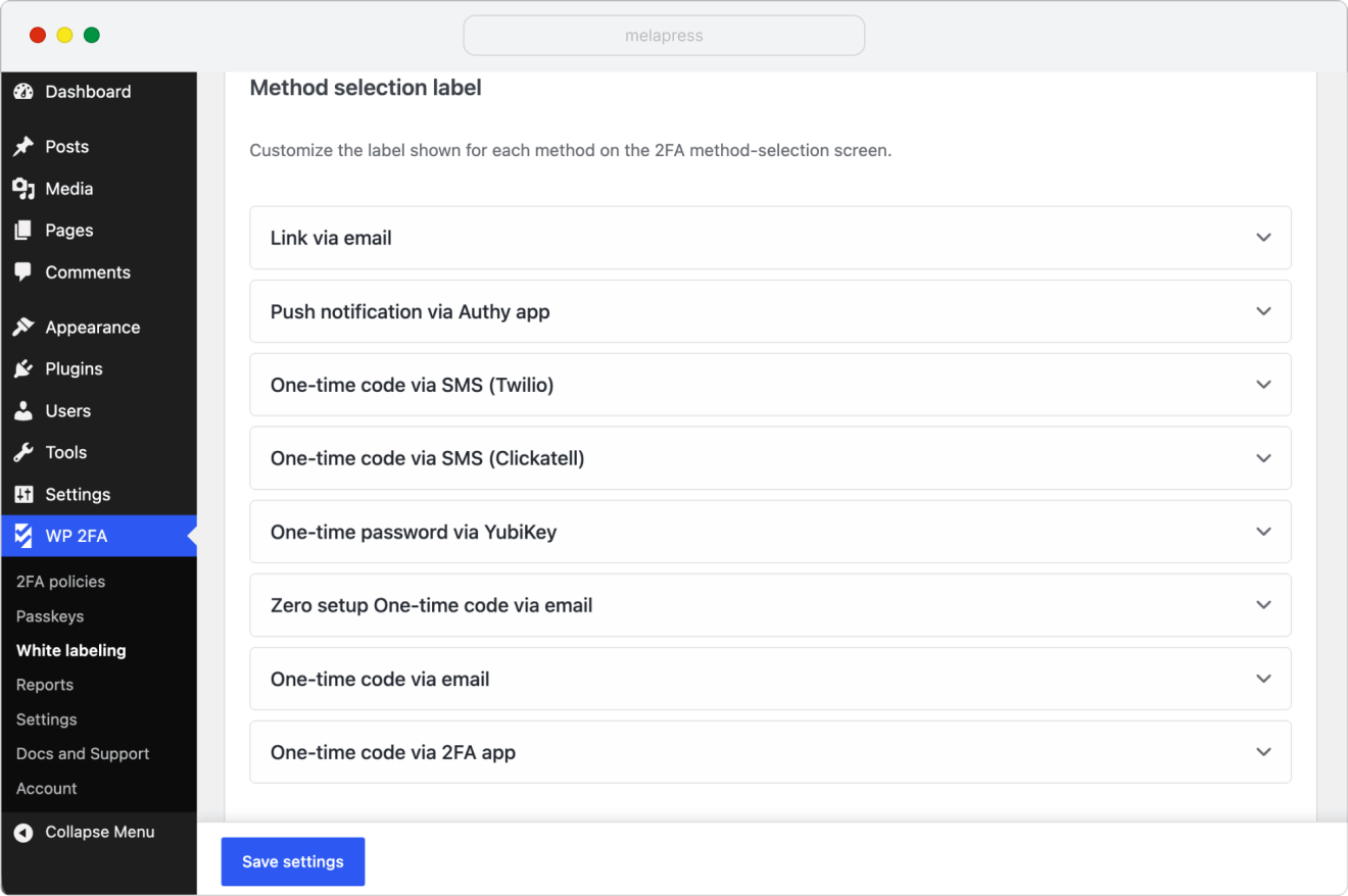 wp 2fa customize 2fa setup method labels that available