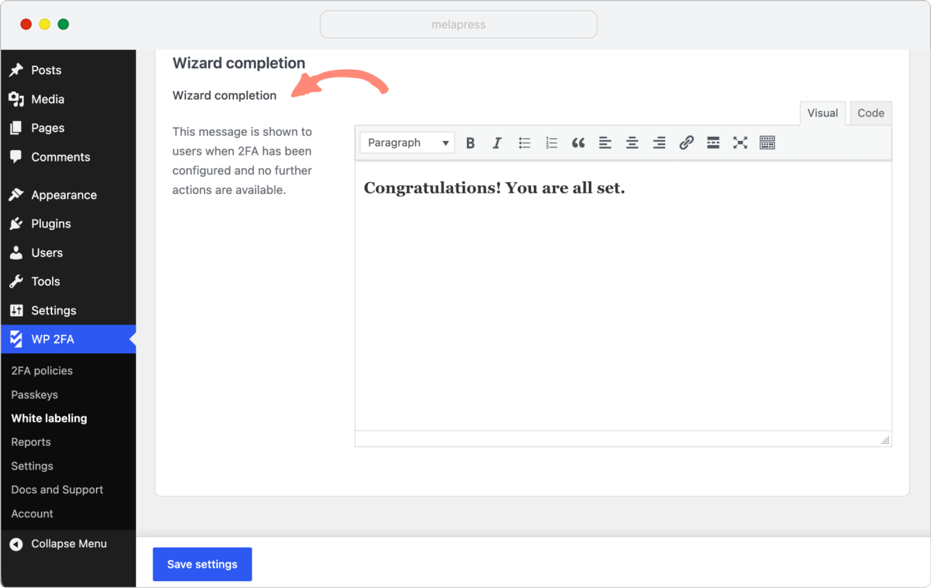 wp 2fa customize wizard completion message