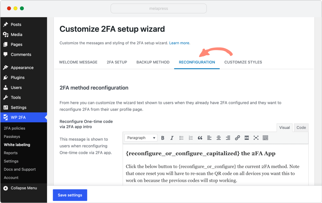 wp 2fa customize wizard reconfiguration messages