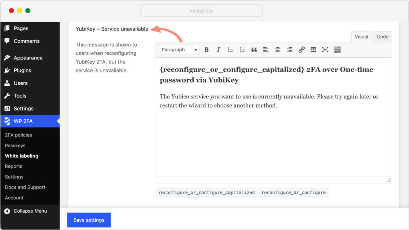 wp 2fa configure yubikey service unavailable message