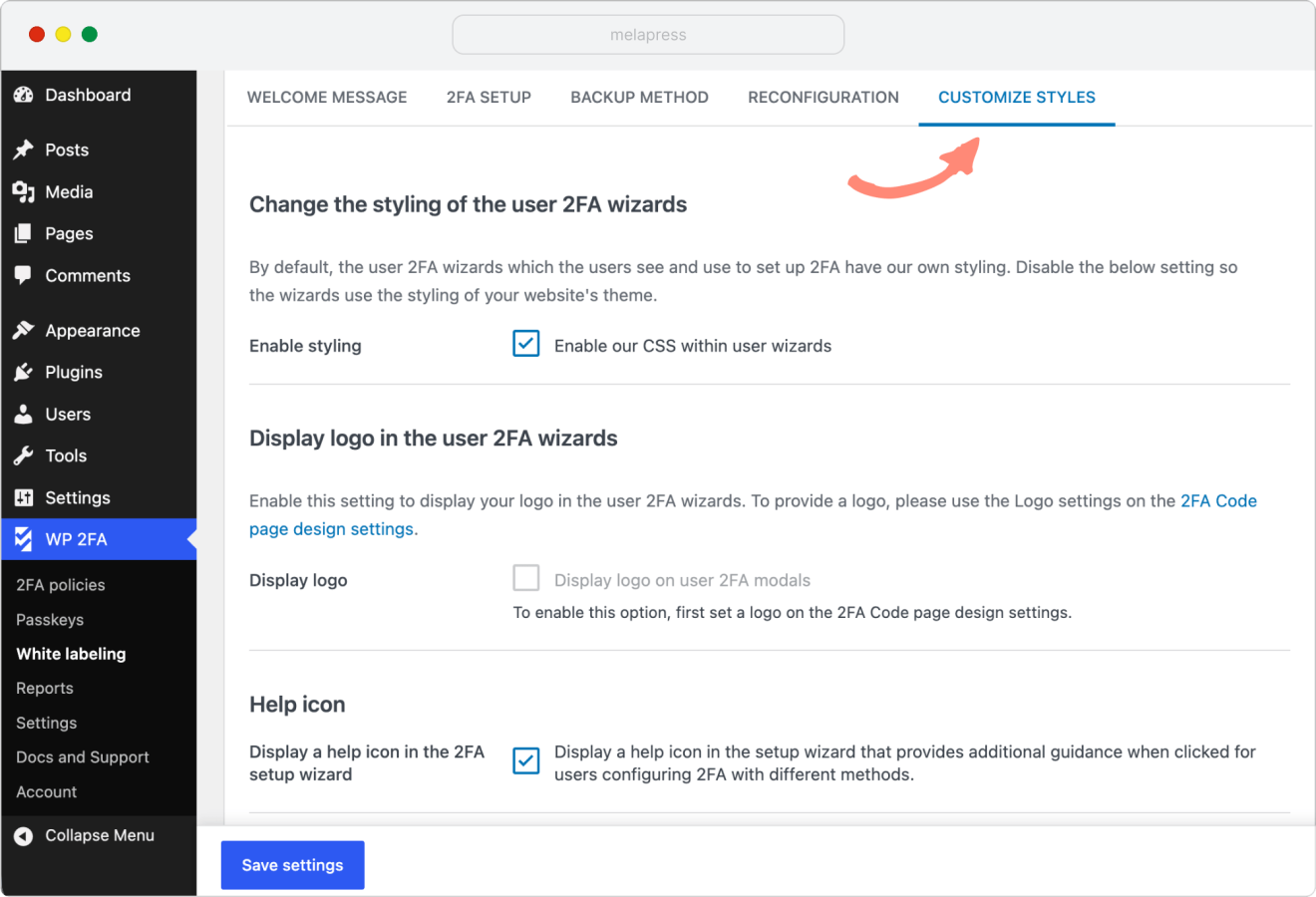 wp 2fa customize 2fa wizard styling