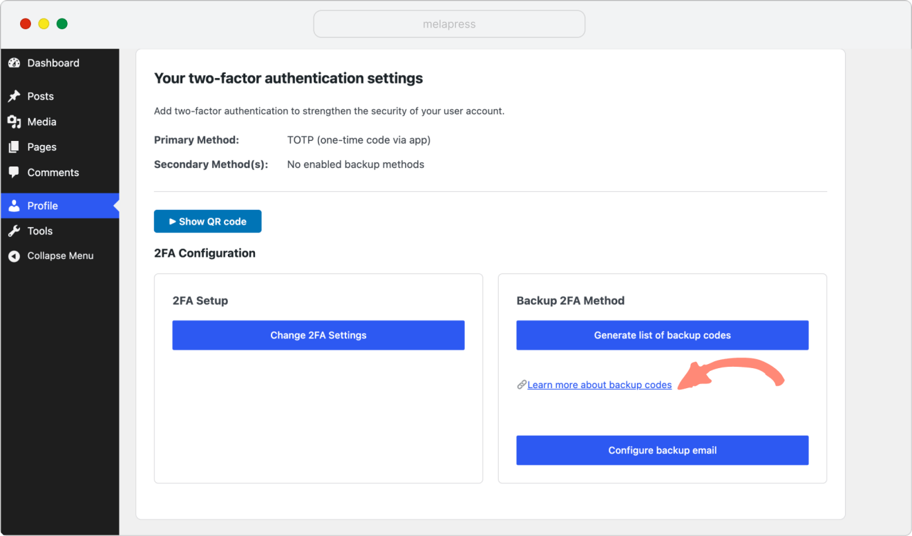 wp 2fa customized backup codes link in the 2fa configuration user section
