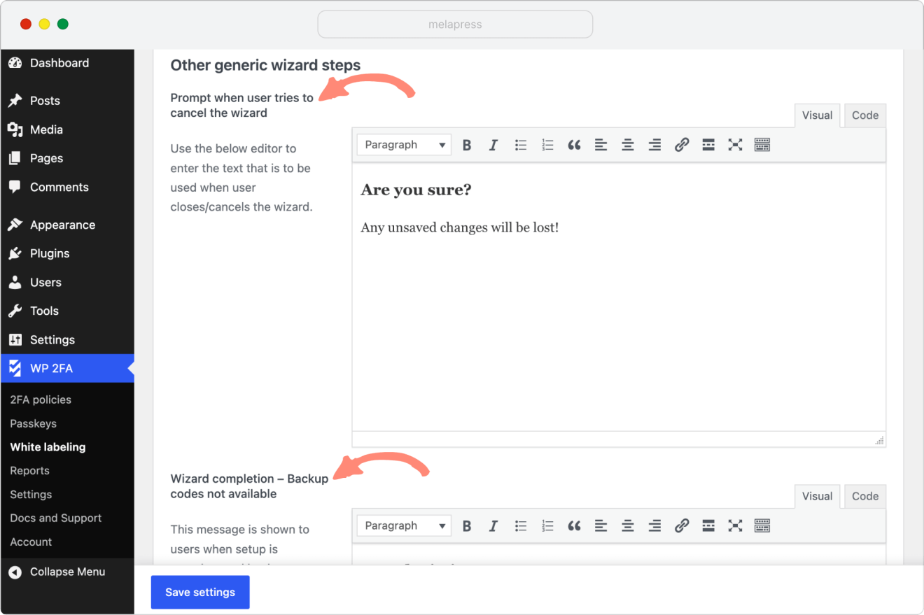 wp 2fa customize 2fa wizard generic messages