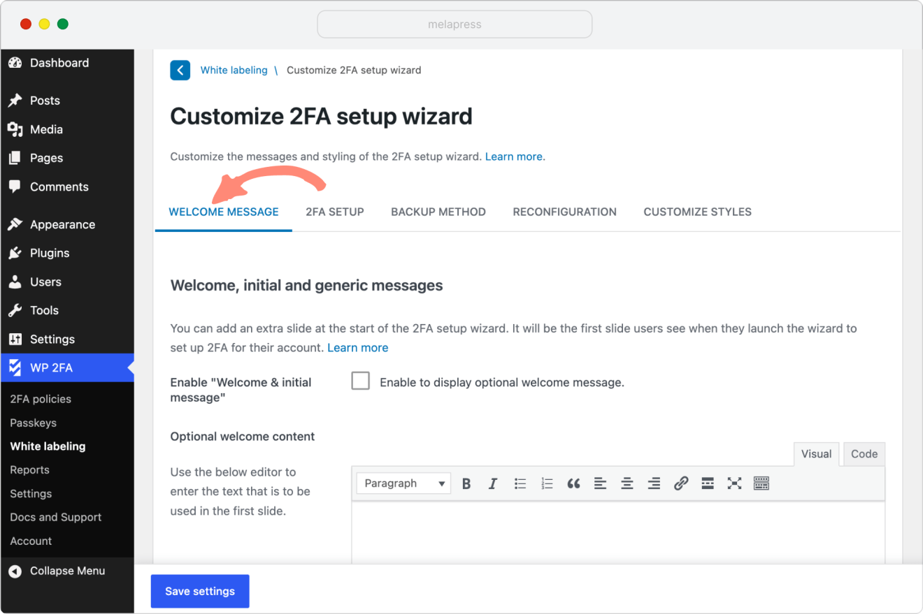 wp 2fa customize 2fa wizard welcome message